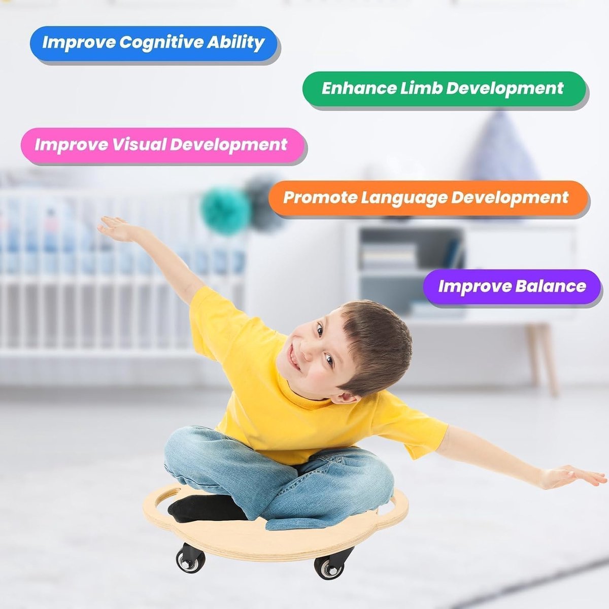 Wooden roller board for children, transport trolley on wheels with handle hole, moving tray with wheels, roller - ShopVlot