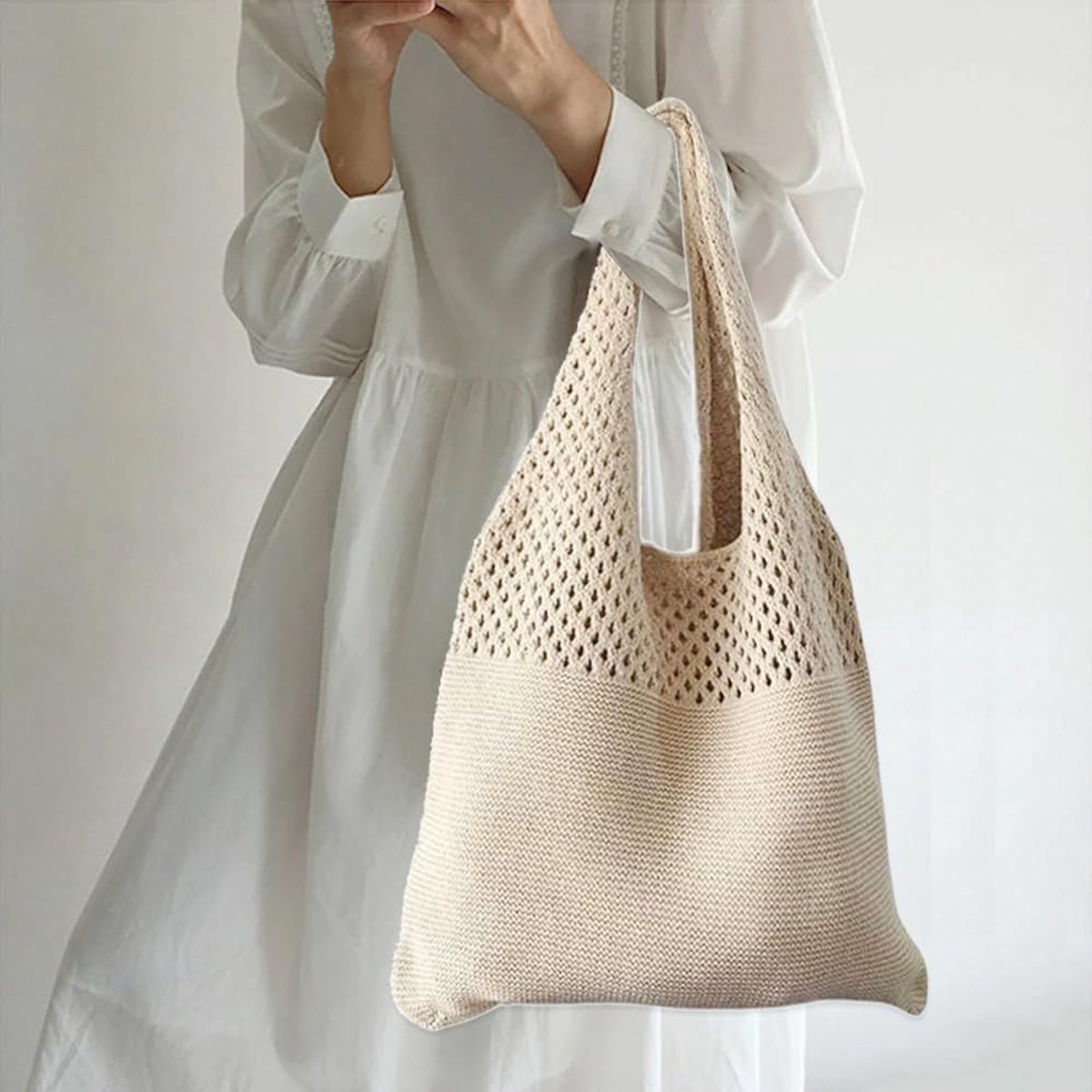 Beach Bag Women's Boho Crochet Summer Bag Polyester Large Crochet Bag with Handles, Foldable Washable Shoulder Bag for - ShopVlot