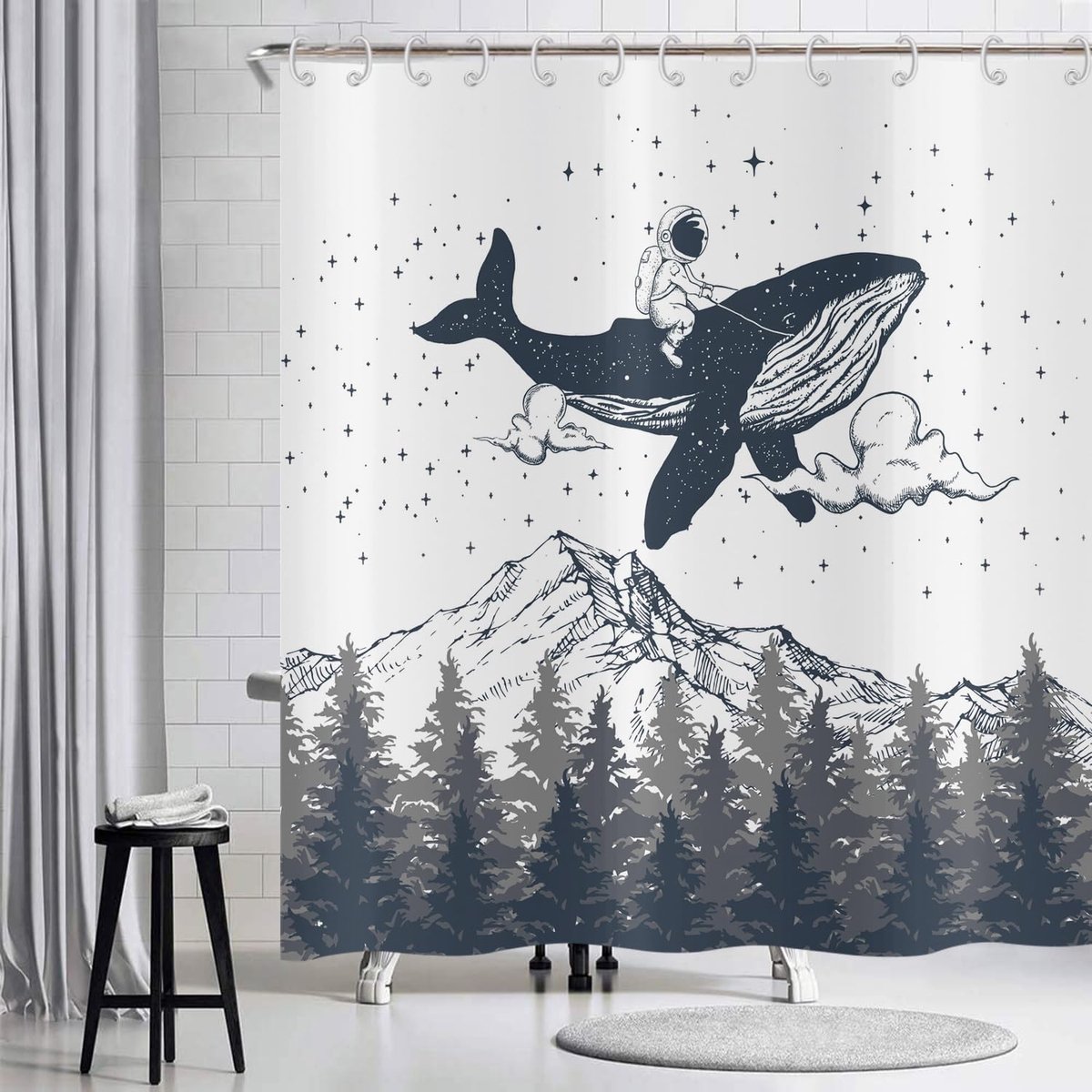 Douchegordijn Astronaut op Walvis 180 x 180 - Polyester - Waterdicht - Perfect voor kinderkamer - ShopVlot