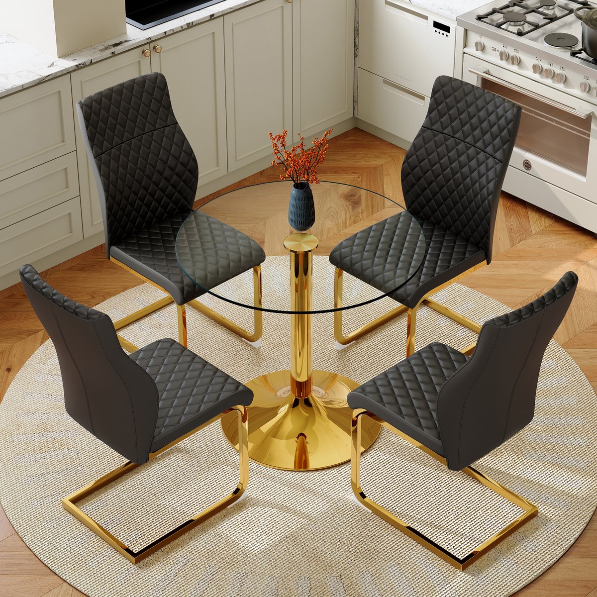 COVREO Set tafel en stoelen 85 cm zwart goud, glazen tafel met 4 stoelen