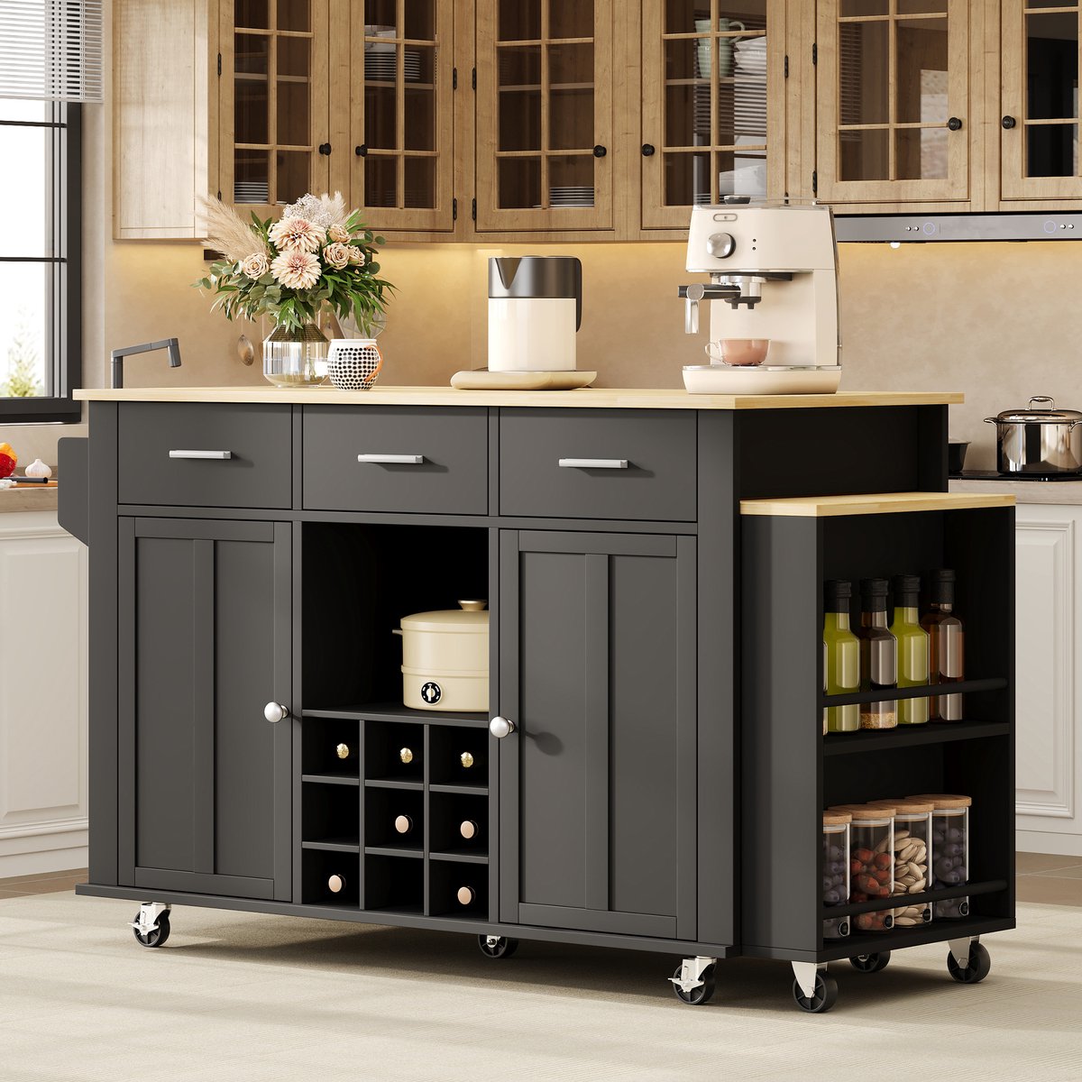 OKWISH Wijnrek - Keukeneiland Met Uittrekbaar Werkblad - 136 x 50 x 93 cm - 3 Lades en 9 Flessen - Met Stopcontact en 7 Wielen - Hout Zwart en Naturel