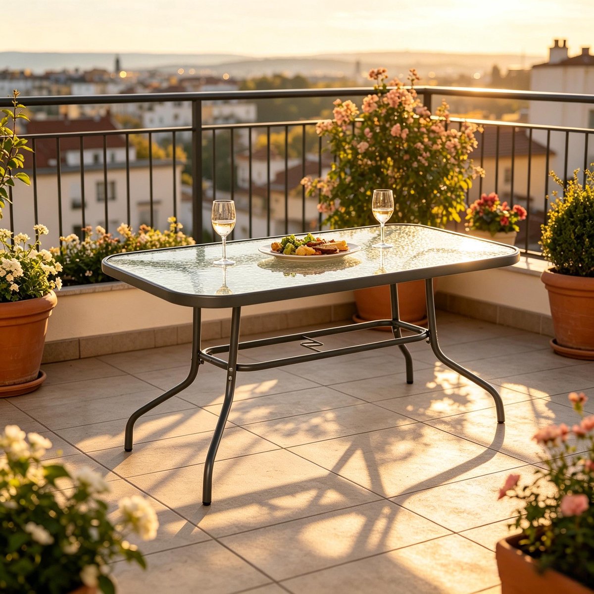 DESMIU Tuintafel - Rechthoekige Eettafel Met Parasolgat - Voor Tuin En Terras - Metaal En Gehard Glas - 120x80x70 Cm - Grijs