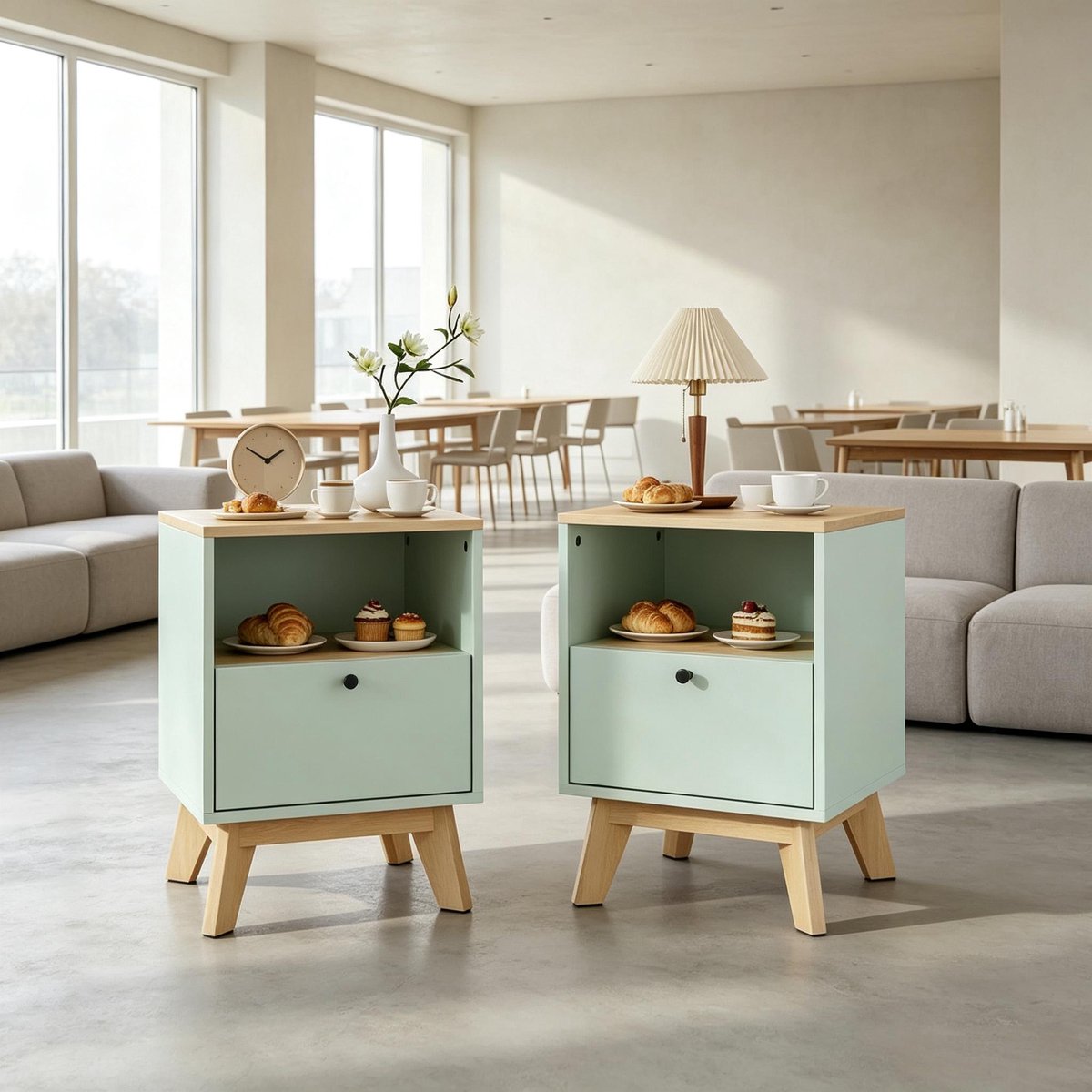 DESMIU Nachtkast Set Van 2 - Met Lade En Open Vak - Modern Voor Slaapkamer En Woonkamer - MDF Eikenlook - Lichtgroen - 40x40x55 Cm