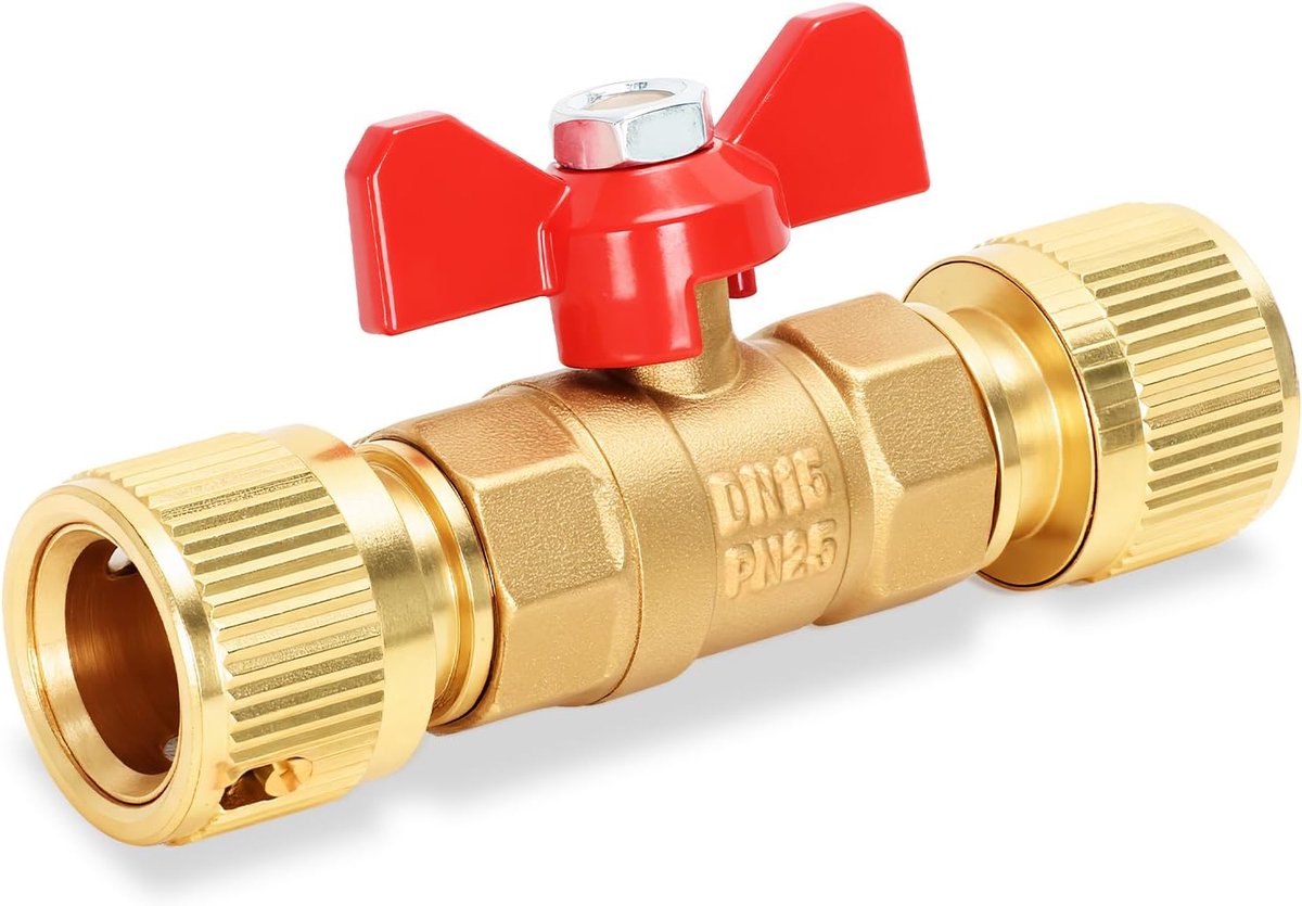 Tuinslang snelkoppeling met inline messing ventiel - Messing connector met controleklep - Voor 1/2-inch slangen - ShopVlot