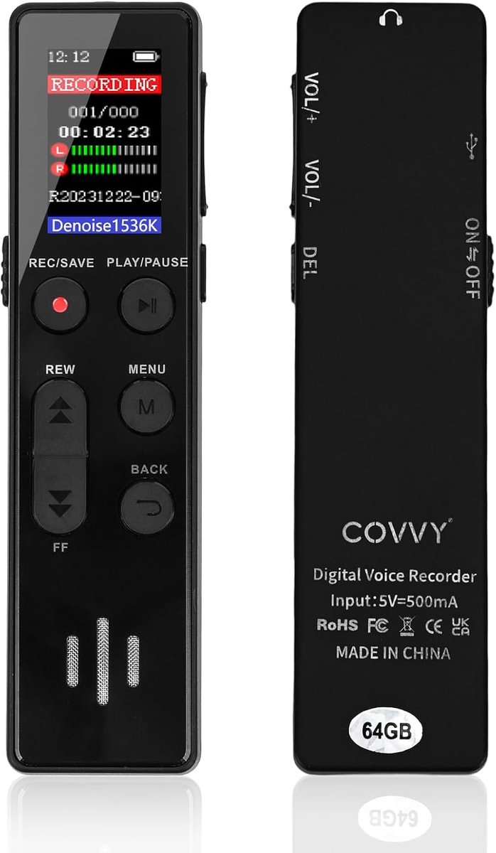 Digitale voice recorder 64GB - Compacte geluidsrecorder - HD opname met afspeelfunctie - Geschikt voor interviews - ShopVlot