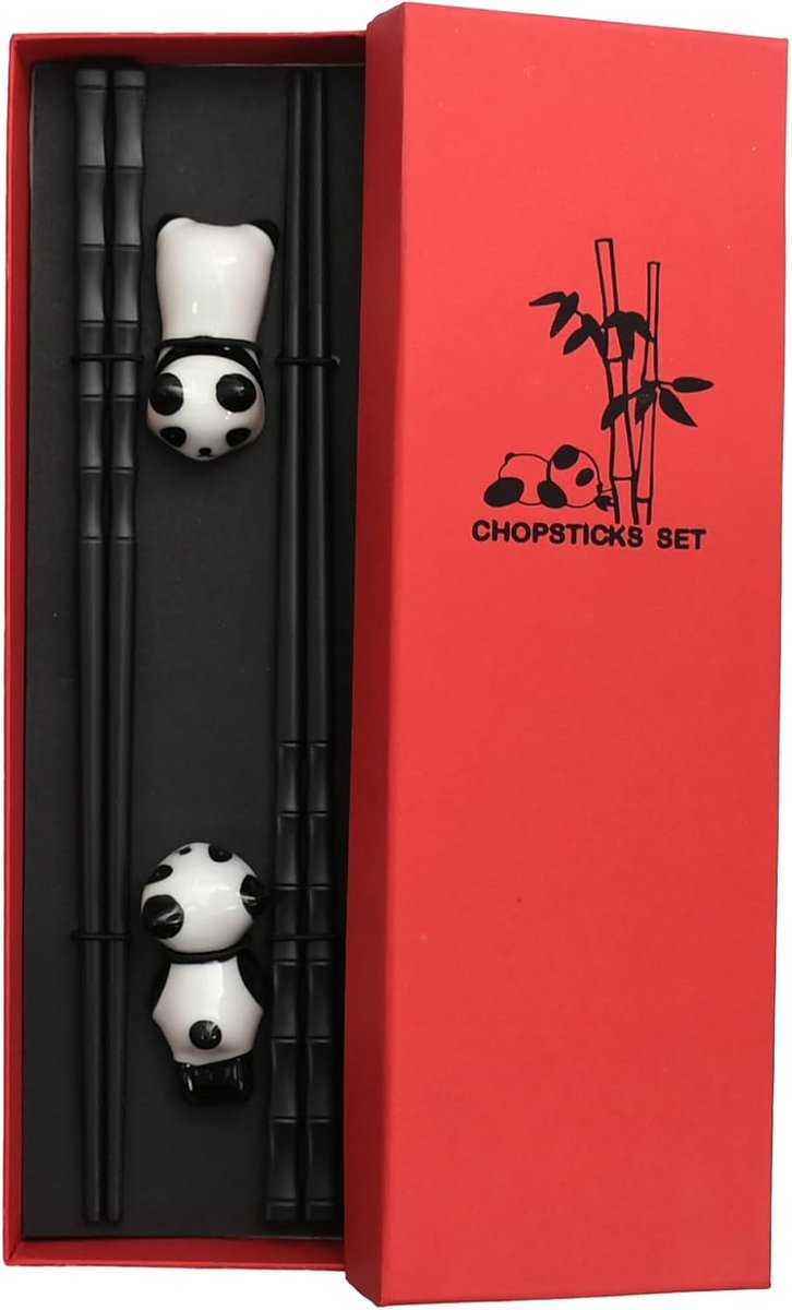 Chopstick Support Set, 2 Pairs Reusable Cute Chopsticks with 2 Ceramic Panda Chopstick Holders, Personalized - ShopVlot