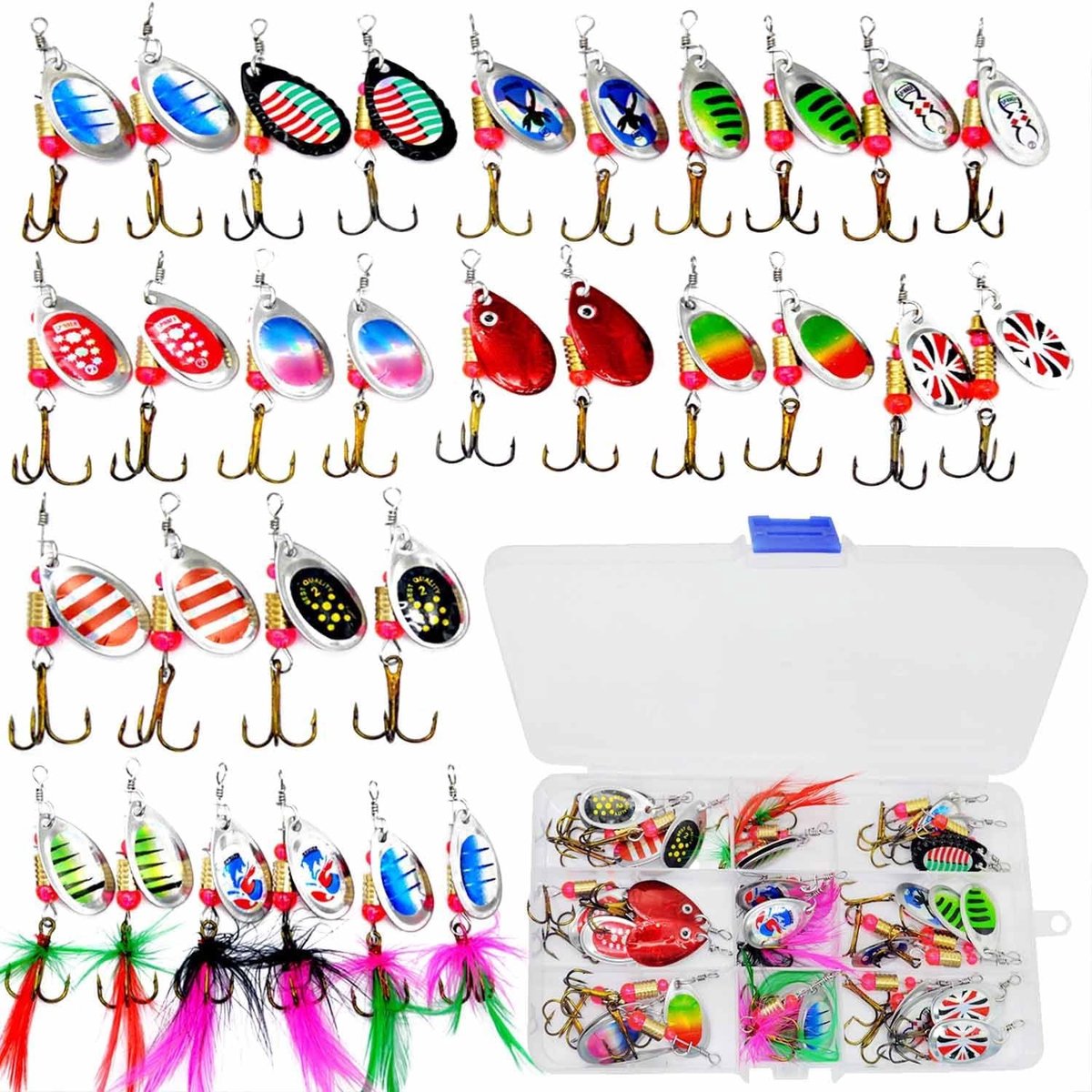 Complete set van 31 vislokken met spinner, flitslicht en lepelhaak voor snoek, baars en zander, inclusief handige opbergdoos voor effectieve visserij accessoires