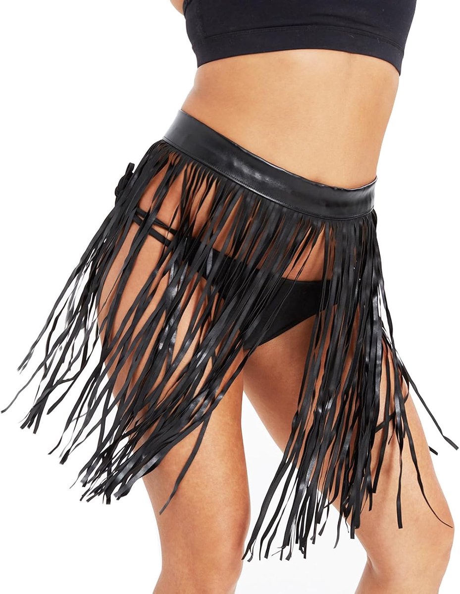 ZUYPSK Women's Long Leather Skirt Hip Hop Tassel Belt Leather Skirt with Fringes Punk Waist Belt Party Festival - ShopVlot