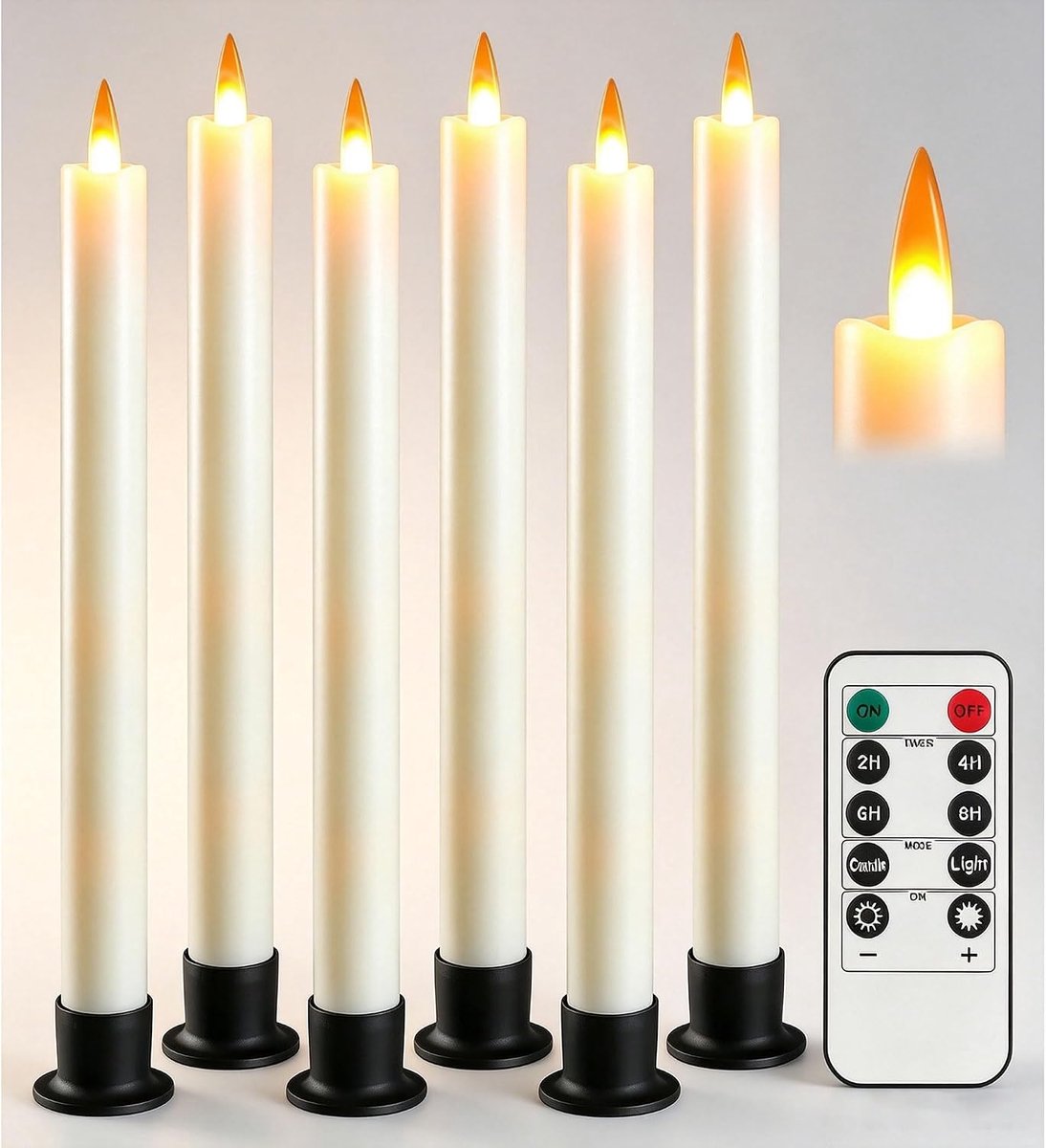 Da by 6 Flameless Window Candles with Remote Control and Timer, LED Cone Candle, Free 6 Black Base, 9.6 Inch Battery - ShopVlot