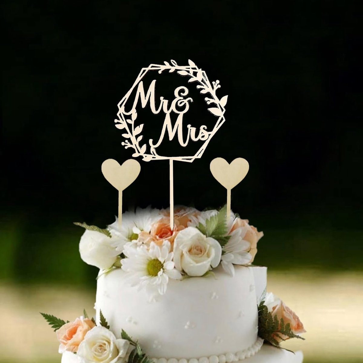 Cake Decoration for Wedding Cake Made of Wood "Mr and Mrs" and 2 Writable Heart Toppers, Personalized Cake Decoration - ShopVlot