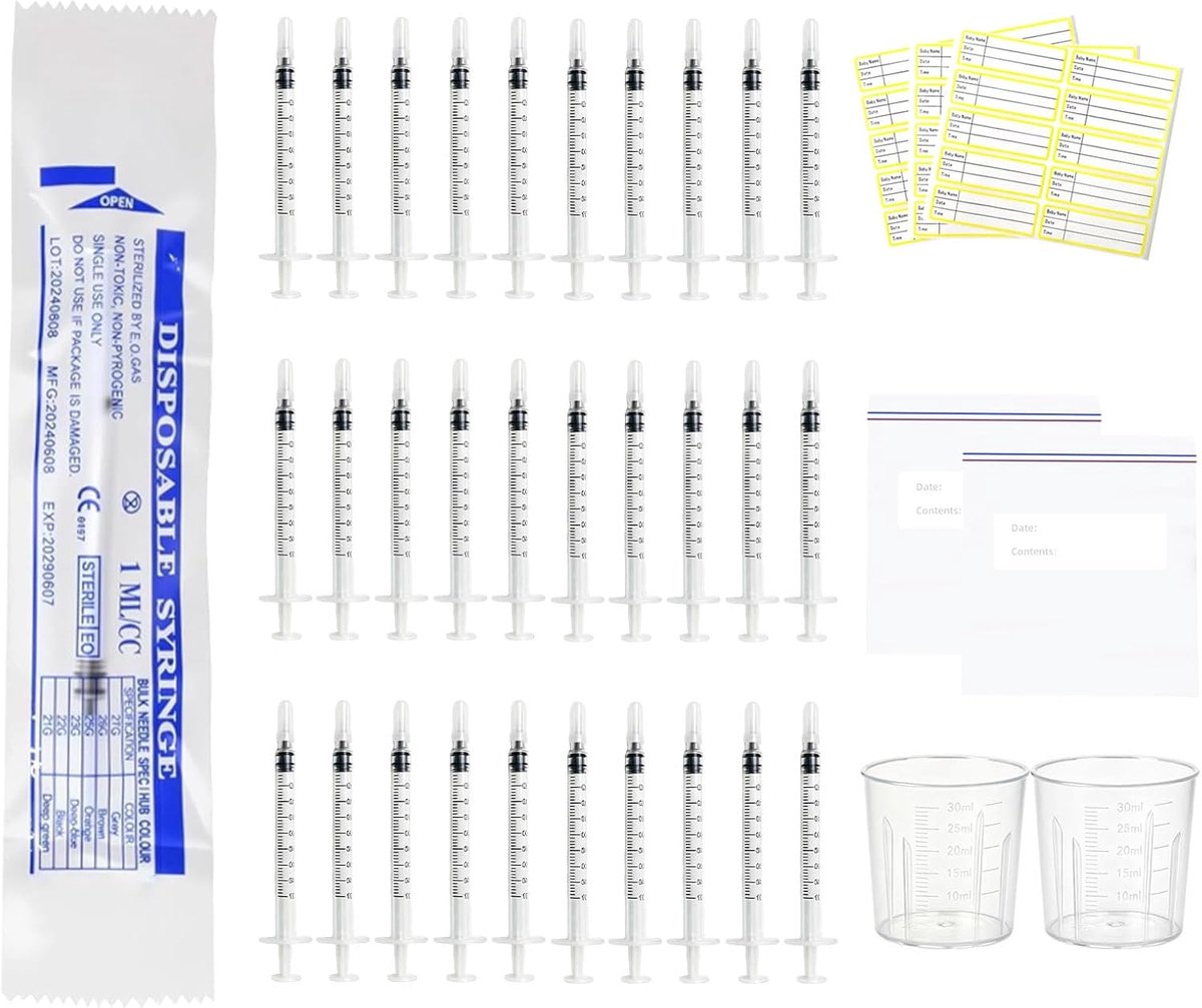 30 stuks 1 ml spuiten met doppen, colostrumpen zonder naald, 30 ml maatbeker, 30 stickers en 2 verzegelde zakken, voor - ShopVlot