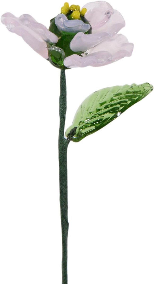 Kunstpioenroos van glas, handgemaakt, met ijzeren draadsteel, roze, 24,0 x 3,6 x 3,3 cm, woondecoratie - ShopVlot