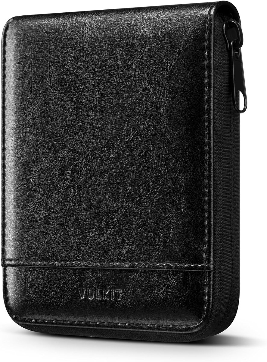 VULKIT Men's Large Leather Wallet with Zip, 12 Card Slots, Coin Compartment, Photo Window, Black - ShopVlot