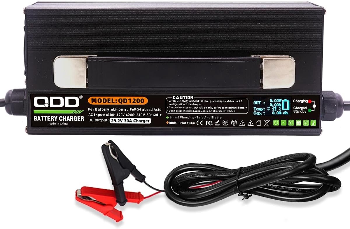 QDD LiFePO4 Battery Charger 29.2V 30A Intelligent 24V Lithium Iron Phosphate Battery with Multiple Safety Measures for - ShopVlot