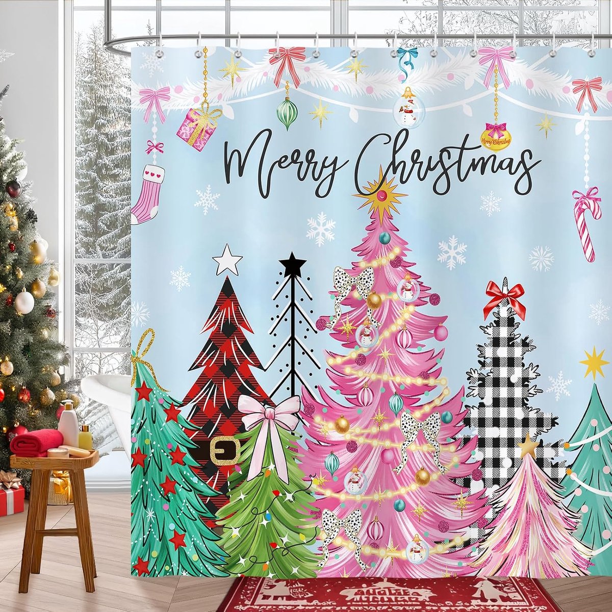 Merry Christmas Shower Curtain, Pink Buffalo Throw Christmas Tree Snowflake Winter Holiday Bathroom Curtain 180x180cm - ShopVlot