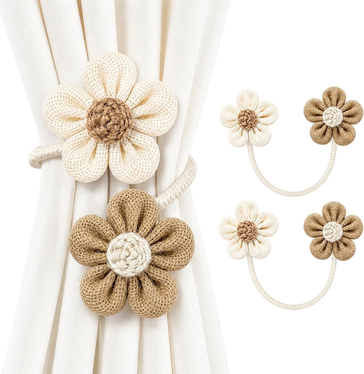 Curtain Holders, 2pcs Twisted Boho Flower & Curtain Holders, Cream & Khaki, Window Decoration Curtain Ties - ShopVlot