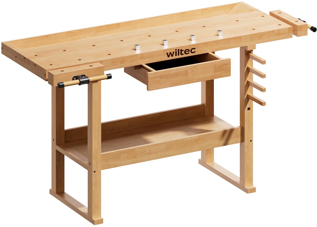 Houten Werkbank 145 x 49 x 86 cm - Robuuste Werktafel van Rubberhout met Lade, Opbergvak, Klemmen en Bankschroeven - Professionele Werkbank voor Klussen, Reparaties en Houtbewerking
