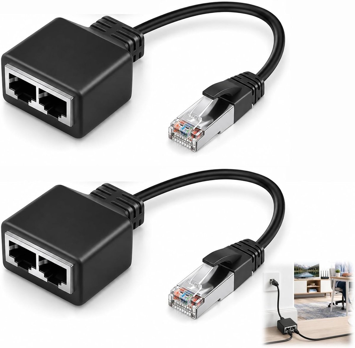 2 stuks RJ45-splitter, splitter adapter RJ45 1 naar 2 vrouwtjes, ethernetstekkerdoos, compatibel met Cat5, Cat5e - ShopVlot