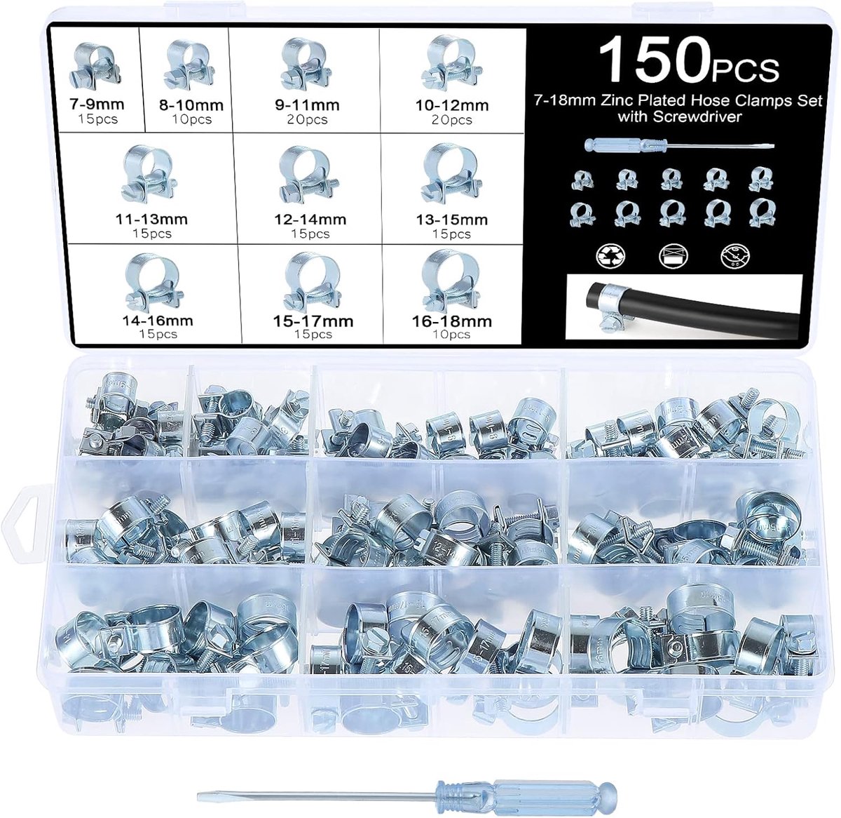 Set of 150 Hose Clamps, 7-18mm Galvanized Fuel Injection Hose Clamps Clips, Adjustable Tube Hose Clamps, Pipe Clamps - ShopVlot