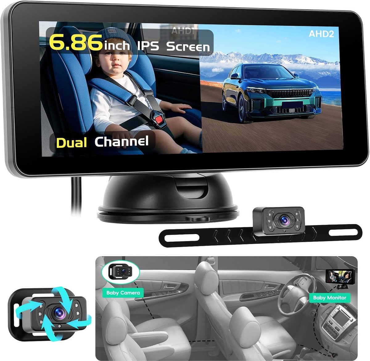 Baby Car Camera with 6.9 Inch IPS Screen, Rear Seat Camera + License Plate Holder Cam, Night Vision, Wide Angle DC - ShopVlot