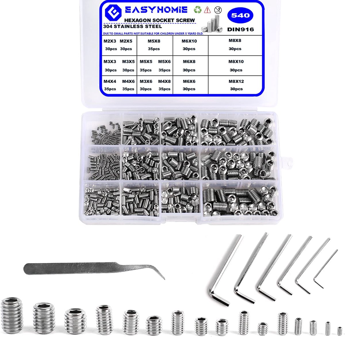 540 Pcs Stainless Steel Magnet Screws, M2/3/4/5/6/8 Hexagon Socket Threaded Pins with 6 Wrenches and 1 Tweezers for - ShopVlot
