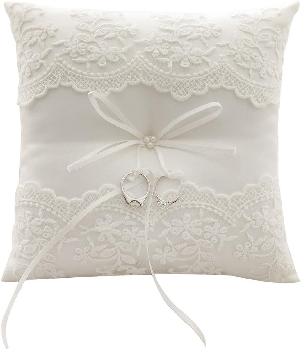 Awtlife Lace Pearl Wedding Band Cushion Carrier 21cm for Beach Wedding - ShopVlot