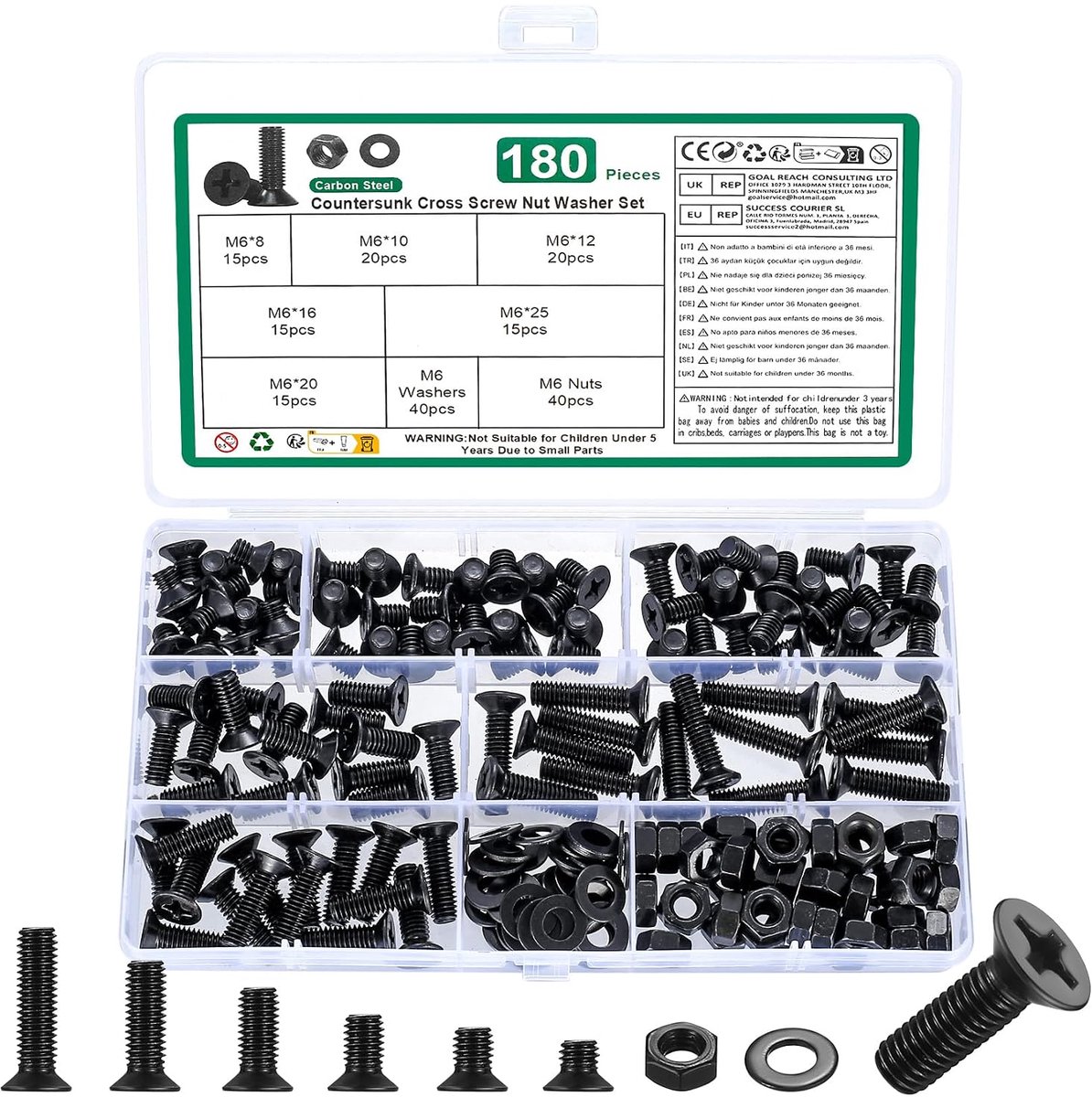180pcs M6 Screw Set, Countersunk Head Screws Nut Set, Flat Head with Washer Set, Black Phillips Screws Threaded - ShopVlot