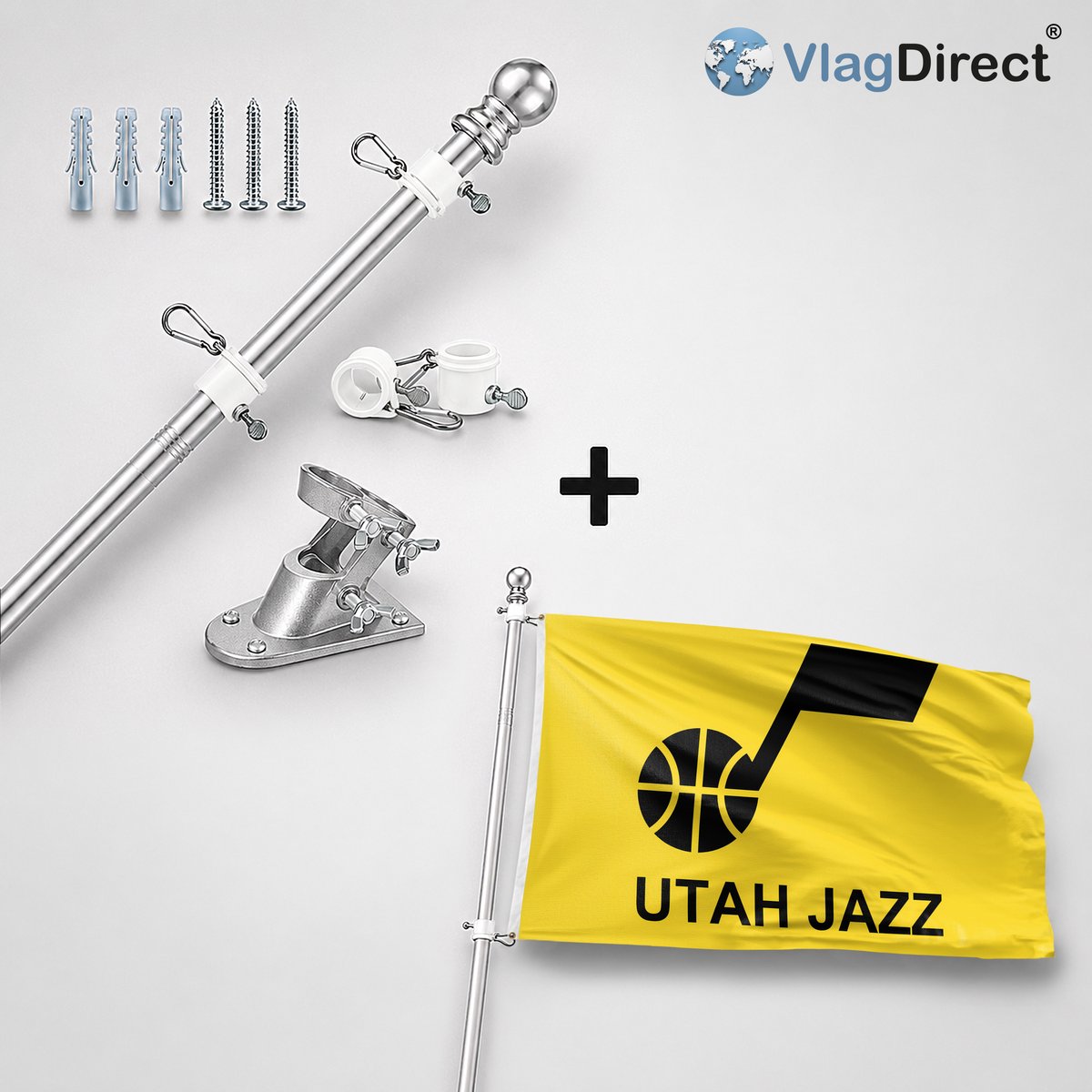 VlagDirect - Compleet vlaggenpakket - Zilveren vlaggenstok inclusief vlaggenstokhouder + Utah Jazz vlag - Utah Jazz basketbalteam vlag - 90 x 150 cm.