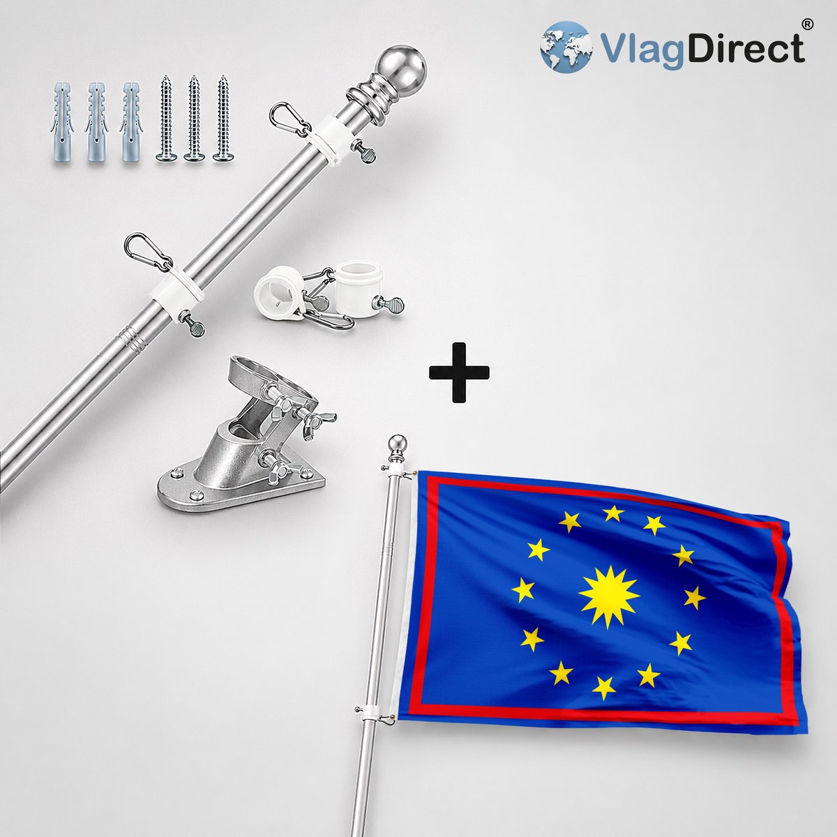 VlagDirect - Compleet vlaggenpakket - Zilveren vlaggenstok inclusief vlaggenstokhouder + Zwalmse vlag - Gemeente Zwalm vlag - 90 x 150 cm.