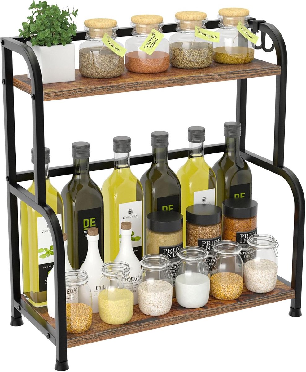 Spice Rack Organizer, 43x40x18cm Metal & Wood – Compact Storage Shelf for Kitchen, Bathroom or Office(SW-2TIER) - ShopVlot