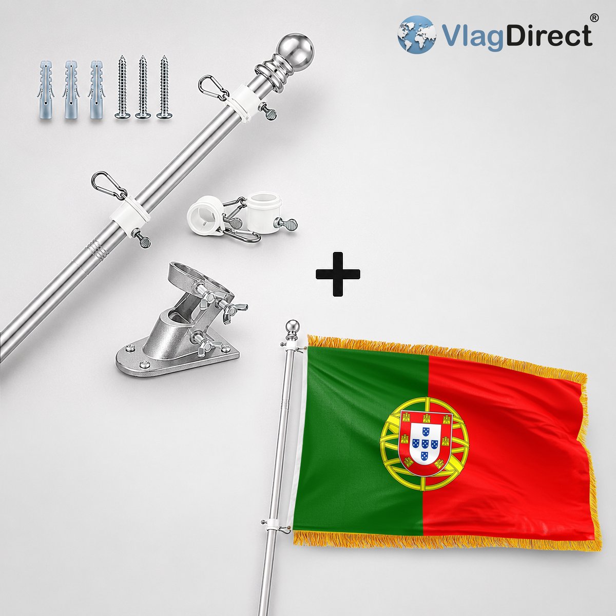 VlagDirect - Compleet vlaggenpakket - Zilveren vlaggenstok inclusief vlaggenstokhouder + Luxe Portugese vlag - Luxe Portugal vlag - 90 x 150 cm - Franjes.