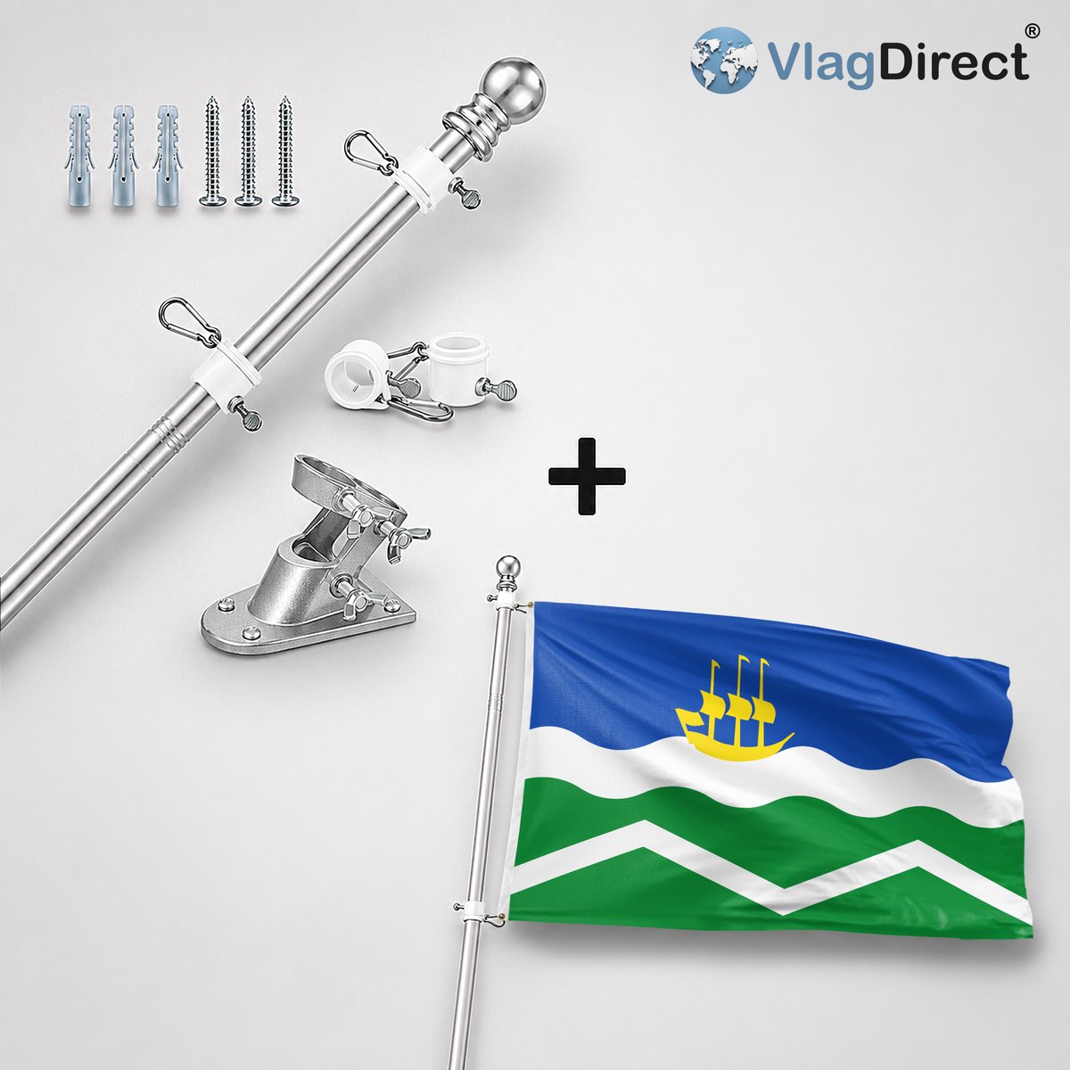 VlagDirect - Compleet vlaggenpakket - Zilveren vlaggenstok inclusief vlaggenstokhouder + Midden-Delfland vlag - Gemeente Midden-Delfland vlag - 90 x 150 cm.