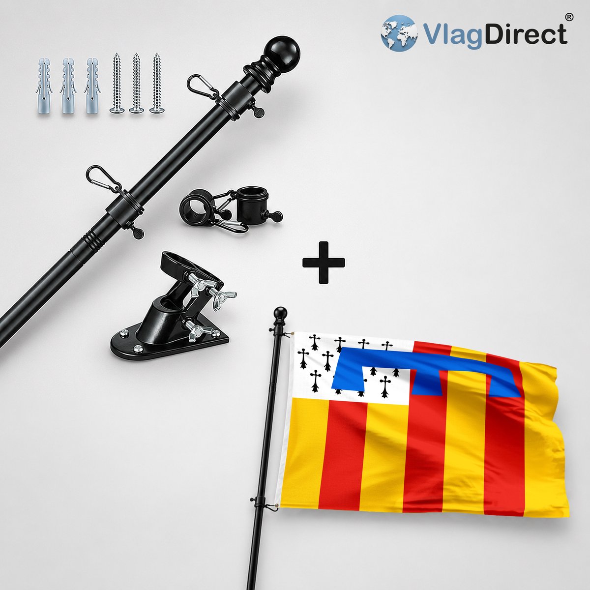 VlagDirect - Compleet vlaggenpakket - Zwarte vlaggenstok inclusief vlaggenstokhouder + Retiese vlag - Gemeente Retie vlag - 90 x 150 cm.