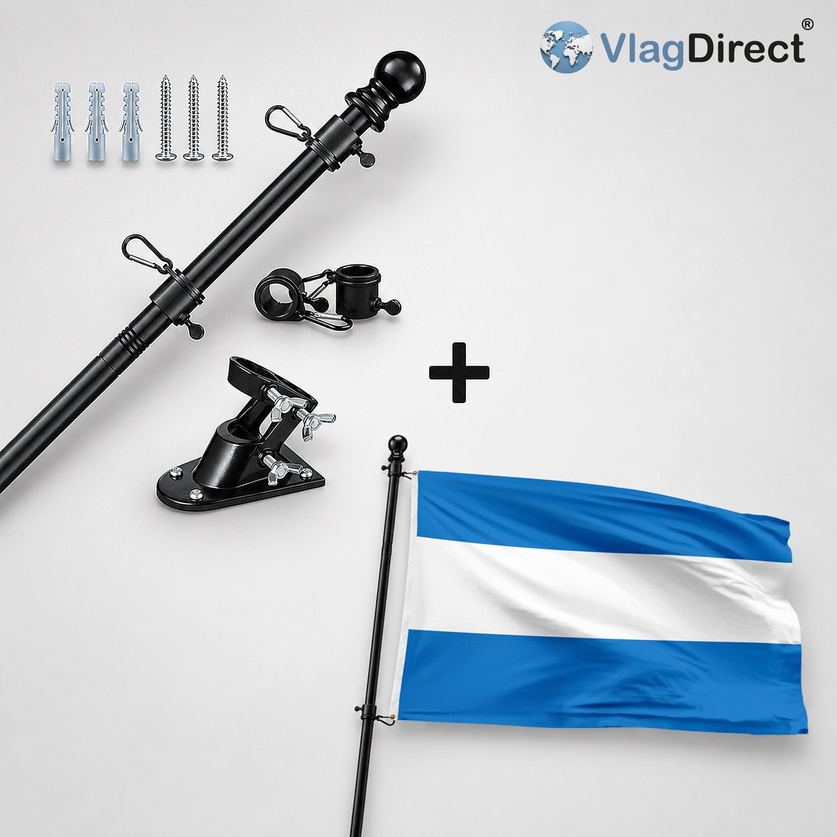 VlagDirect - Compleet vlaggenpakket - Zwarte vlaggenstok inclusief vlaggenstokhouder + Tiense vlag - Gemeente Tienen vlag - 90 x 150 cm.
