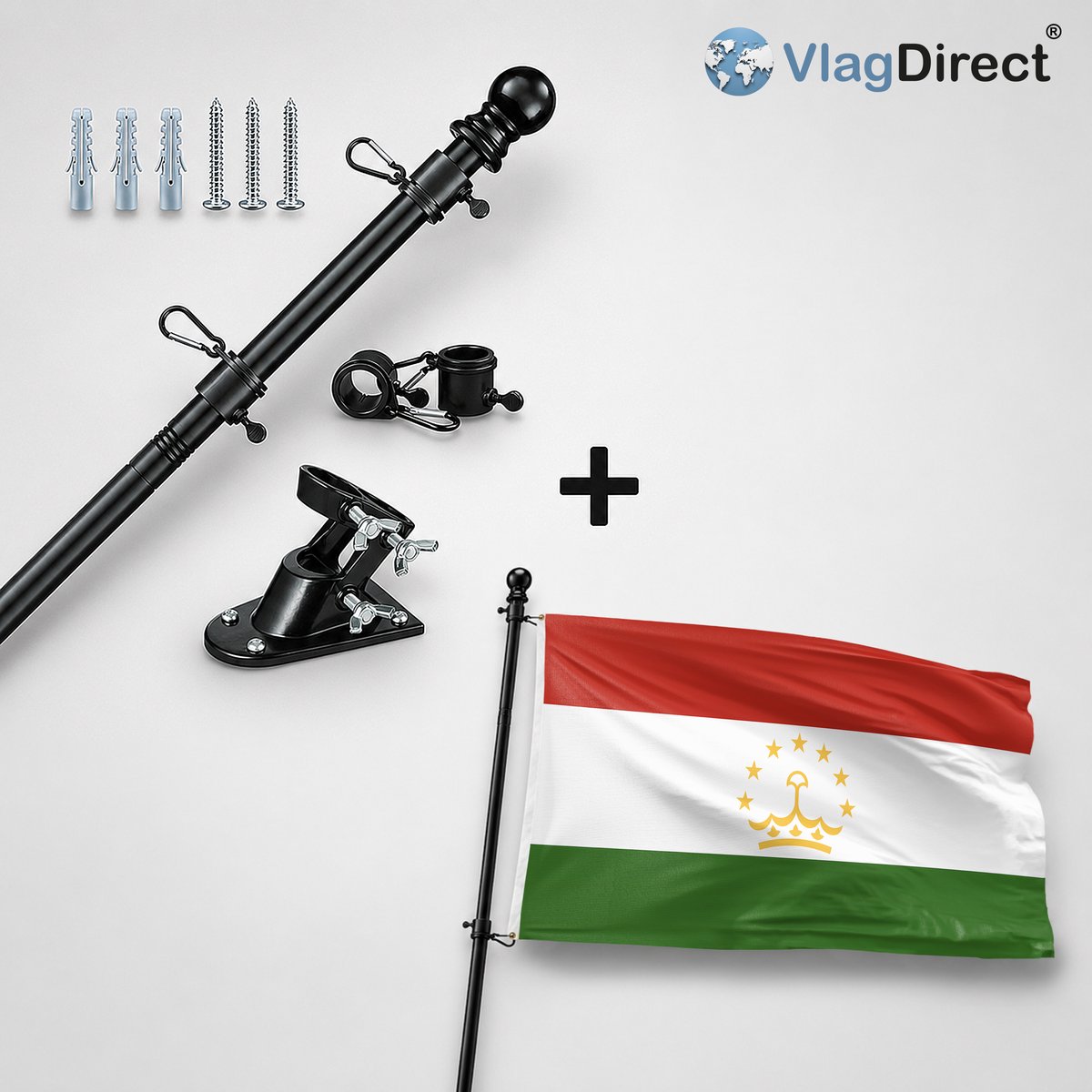 VlagDirect - Compleet vlaggenpakket - Zwarte vlaggenstok inclusief vlaggenstokhouder + Tadzjiekse vlag - Tadzjikistan vlag - 90 x 150 cm.