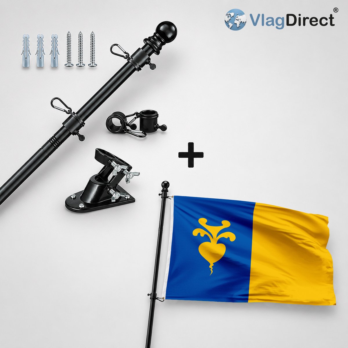 VlagDirect - Compleet vlaggenpakket - Zwarte vlaggenstok inclusief vlaggenstokhouder + Sint-Niklaas, Sint-Niklase vlag - Gemeente Sint-Niklaas vlag - 90 x 150 cm.