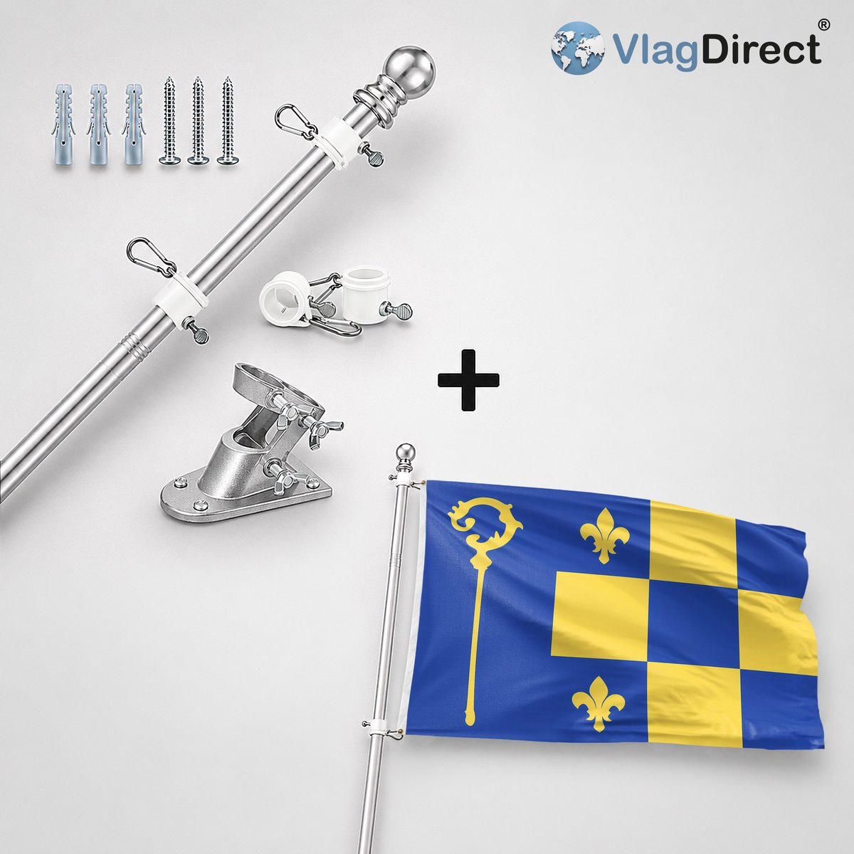 VlagDirect - Compleet vlaggenpakket - Zilveren vlaggenstok inclusief vlaggenstokhouder + Heumen vlag - Gemeente Heumen vlag - 90 x 150 cm.