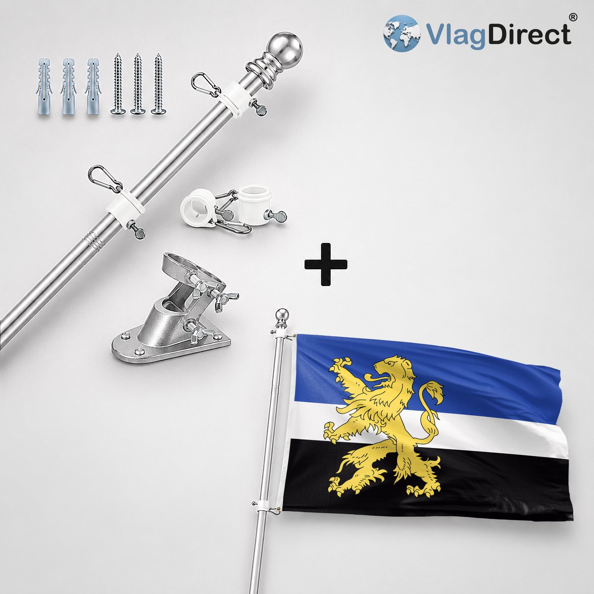VlagDirect - Compleet vlaggenpakket - Zilveren vlaggenstok inclusief vlaggenstokhouder + Hilvarenbeek vlag - Gemeente Hilvarenbeek vlag - 90 x 150 cm.