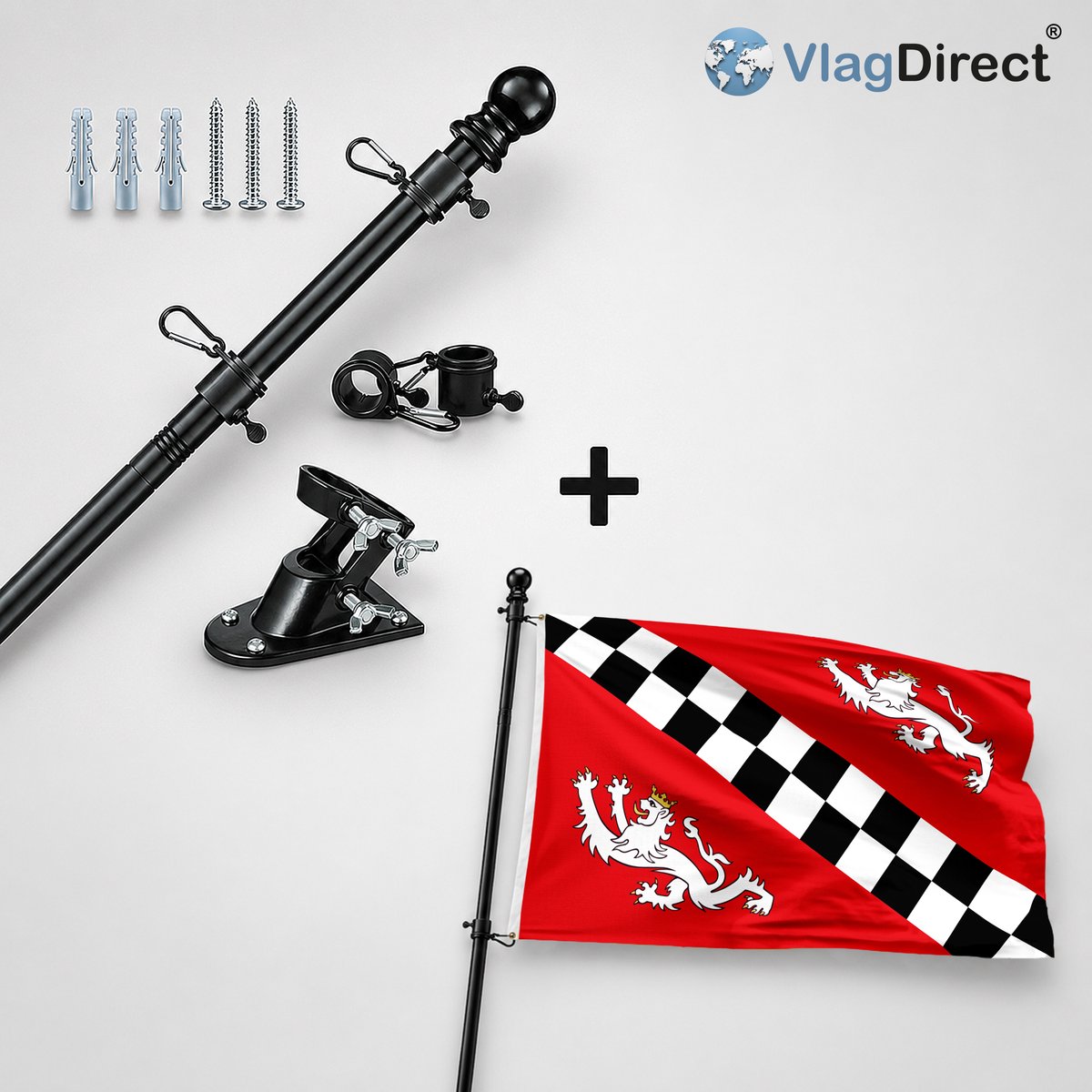 VlagDirect - Compleet vlaggenpakket - Zwarte vlaggenstok inclusief vlaggenstokhouder + Gemeente Puurs-Sint-Amands vlag - 90 x 150 cm.