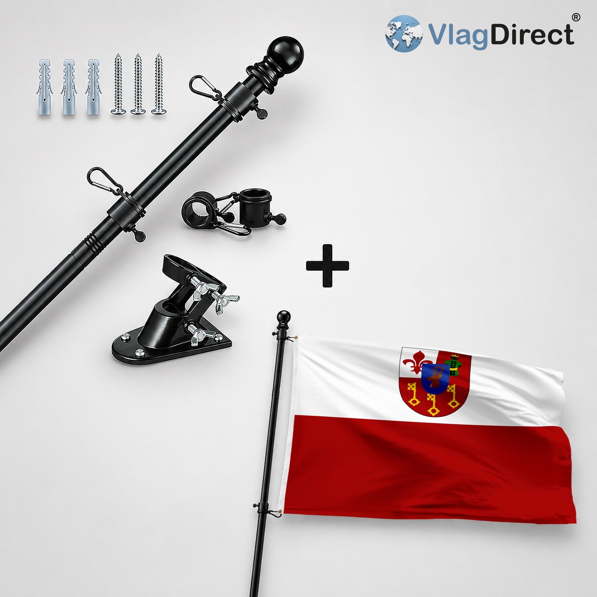 VlagDirect - Compleet vlaggenpakket - Zwarte vlaggenstok inclusief vlaggenstokhouder + Waregemse vlag - Gemeente Waregem vlag - 90 x 150 cm.