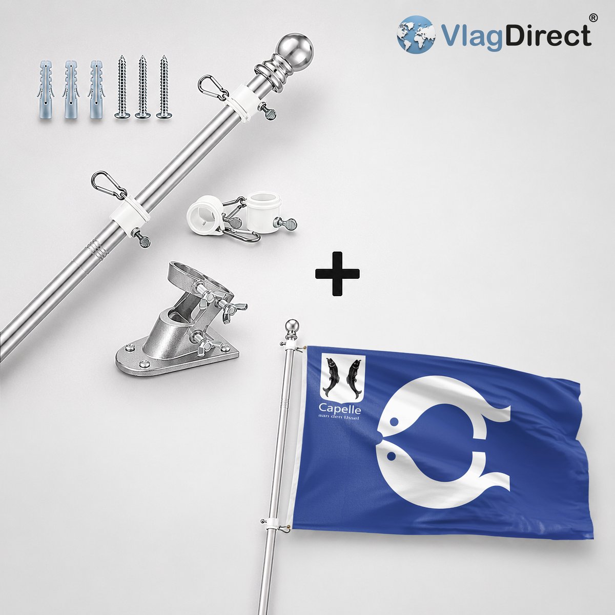 VlagDirect - Compleet vlaggenpakket - Zilveren vlaggenstok inclusief vlaggenstokhouder + Capelle aan den IJssel vlag - Gemeente Capelle aan den IJssel vlag - 90 x 150 cm.