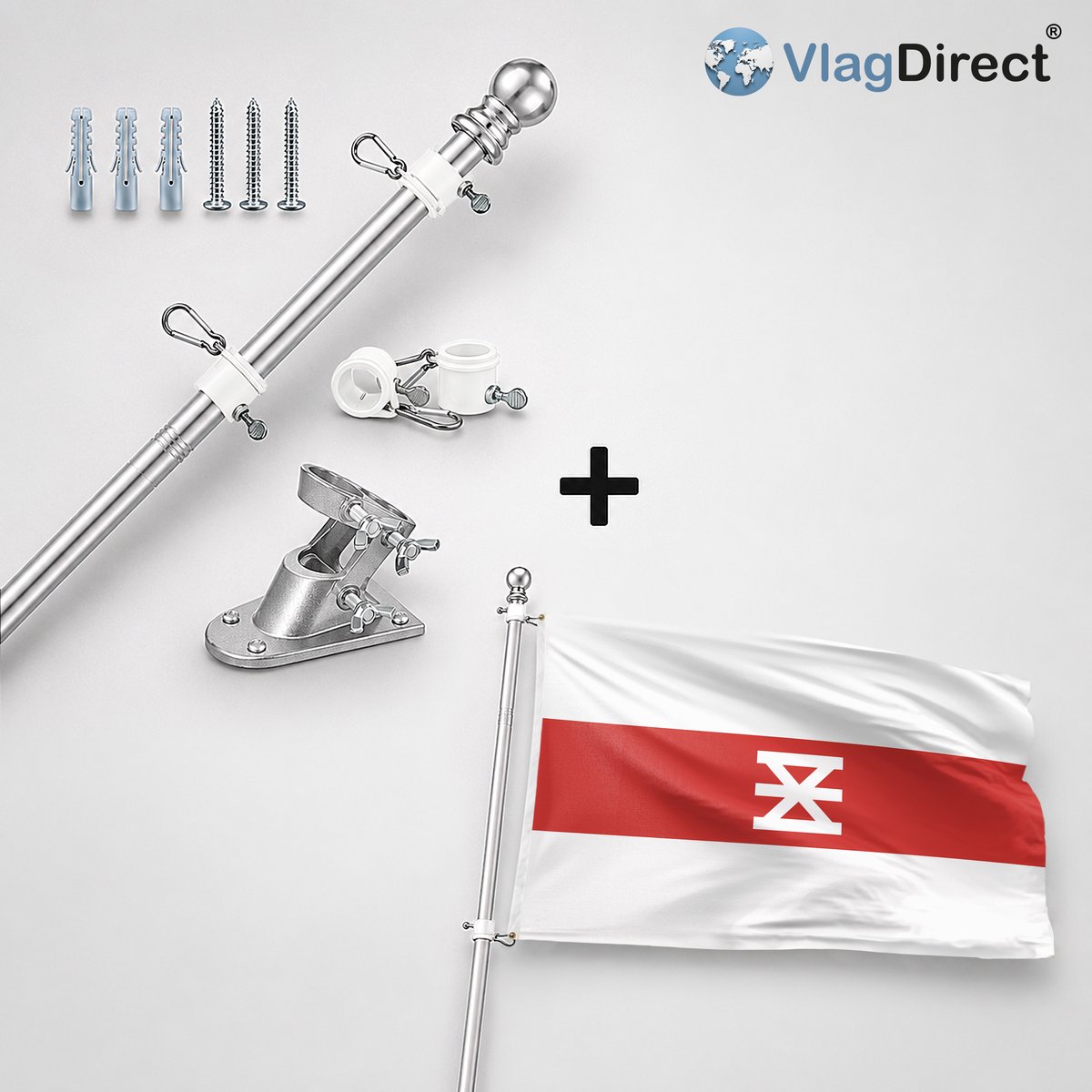 VlagDirect - Compleet vlaggenpakket - Zilveren vlaggenstok inclusief vlaggenstokhouder + Enschede vlag - Gemeente Enschede vlag - 90 x 150 cm.