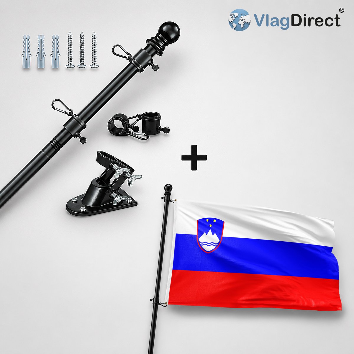 VlagDirect - Compleet vlaggenpakket - Zwarte vlaggenstok inclusief vlaggenstokhouder + Sloveense vlag - Slovenië vlag - 90 x 150 cm.