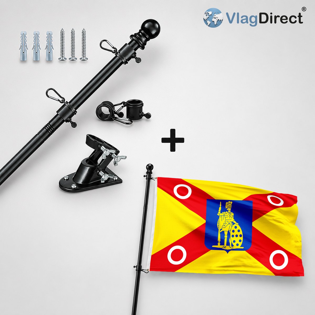 VlagDirect - Compleet vlaggenpakket - Zwarte vlaggenstok inclusief vlaggenstokhouder + Ledese vlag - Gemeente Lede vlag - 90 x 150 cm.