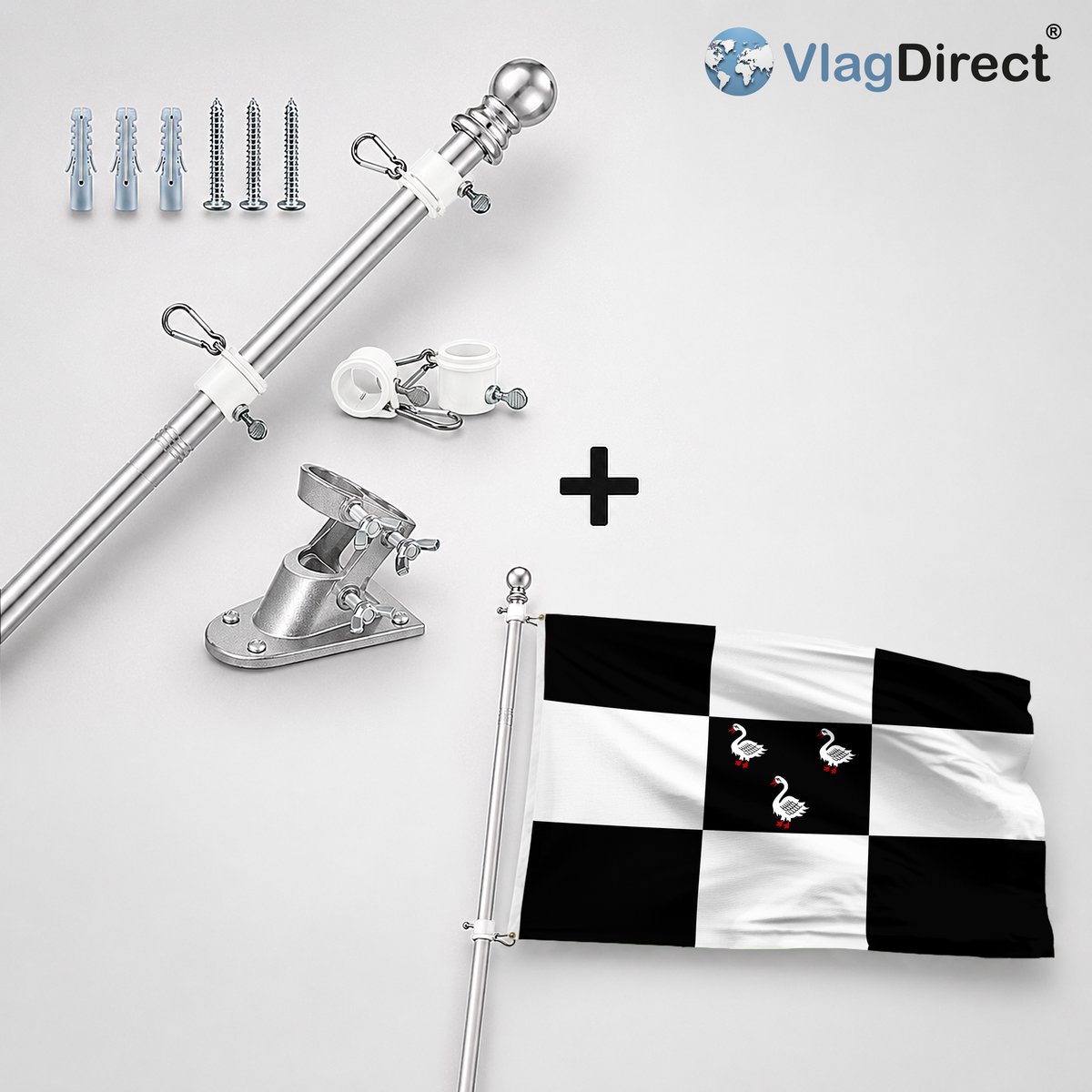 VlagDirect - Compleet vlaggenpakket - Zilveren vlaggenstok inclusief vlaggenstokhouder + Jabbeekse vlag - Gemeente Jabbeke vlag - 90 x 150 cm.