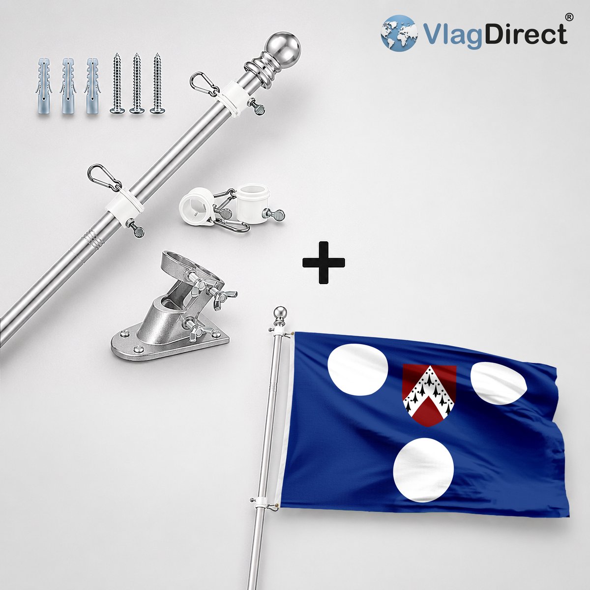 VlagDirect - Compleet vlaggenpakket - Zilveren vlaggenstok inclusief vlaggenstokhouder + Ichtegemse vlag - Gemeente Ichtegem vlag - 90 x 150 cm.