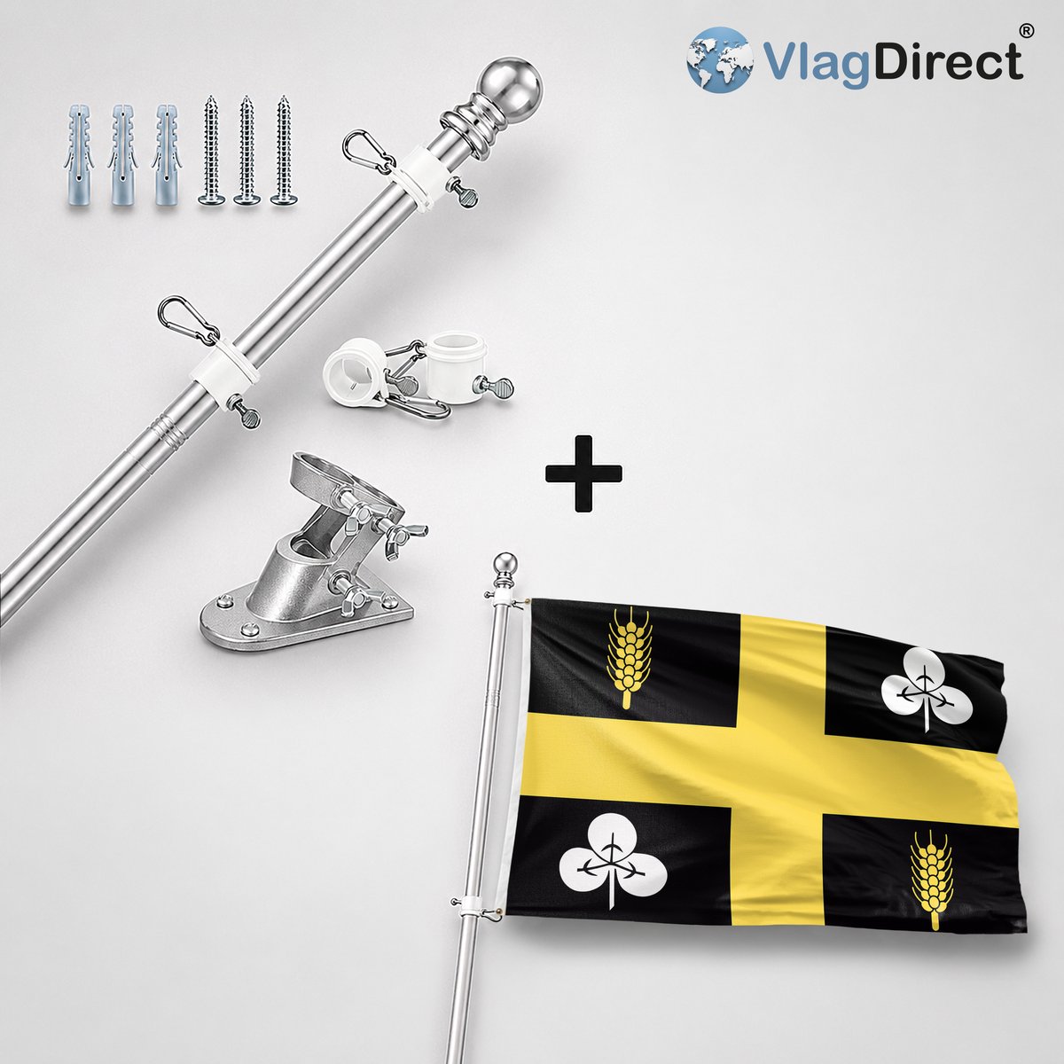 VlagDirect - Compleet vlaggenpakket - Zilveren vlaggenstok inclusief vlaggenstokhouder + Raalte vlag - Gemeente Raalte vlag - 90 x 150 cm.