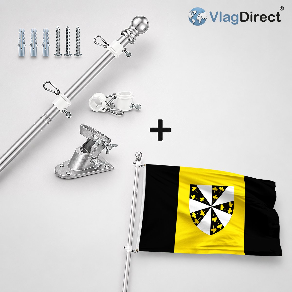 VlagDirect - Compleet vlaggenpakket - Zilveren vlaggenstok inclusief vlaggenstokhouder + Pepingse vlag - Gemeente Pepingen vlag - 90 x 150 cm.