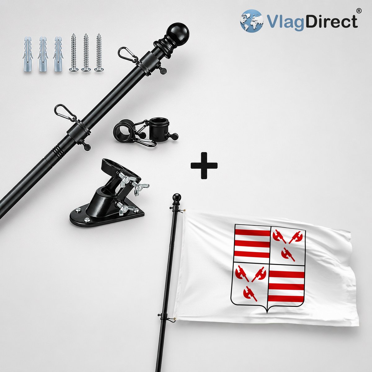 VlagDirect - Compleet vlaggenpakket - Zwarte vlaggenstok inclusief vlaggenstokhouder + Gemeente Sivry-Rance vlag - 90 x 150 cm.