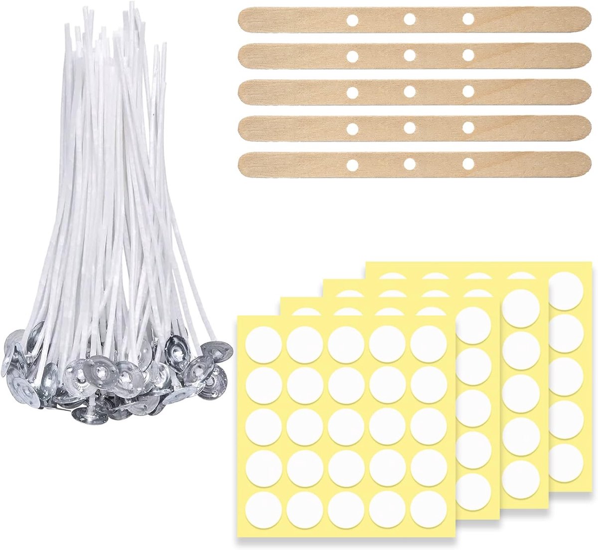 Candle Wick, 100 Pieces Candle Making Candle Wick, DIY with 5 Wooden Wick Holders and 100 wick stickers, 12 cm - ShopVlot